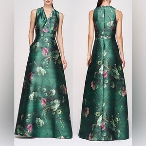 NEW KAY UNGER floral ROSALIND green v neck gown 55112449 sz 2